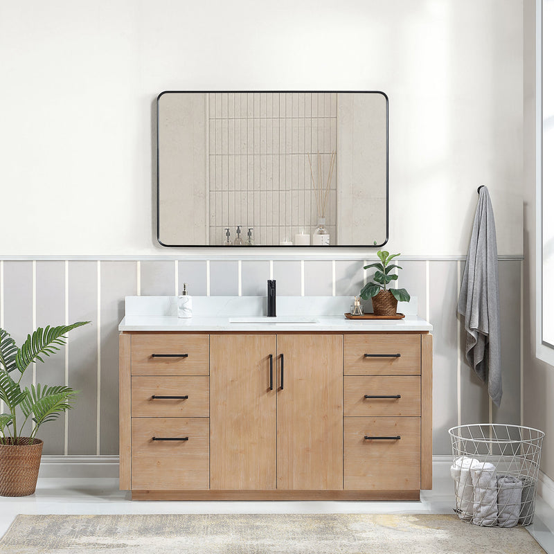 Vinnova 705760-FN-GW San 60" Free-standing Single Bath Vanity in Fir Wood Brown with White Grain Composite Stone Top