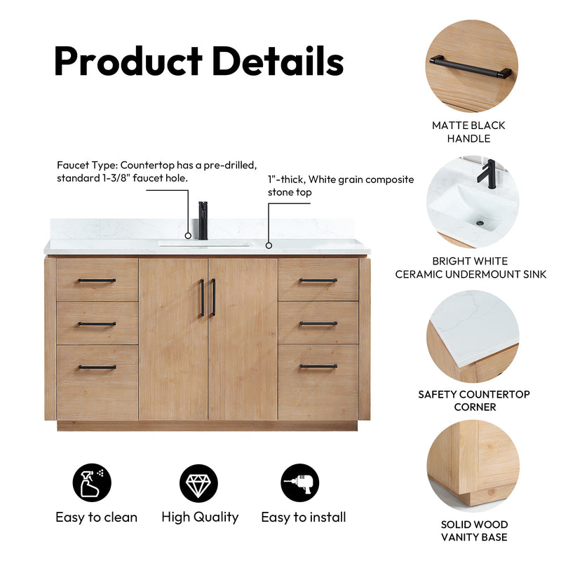 Vinnova 705760-FN-GW San 60" Free-standing Single Bath Vanity in Fir Wood Brown with White Grain Composite Stone Top