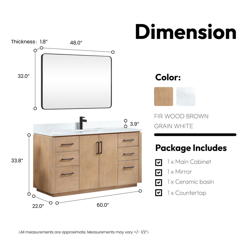 Vinnova 705760-FN-GW San 60" Free-standing Single Bath Vanity in Fir Wood Brown with White Grain Composite Stone Top