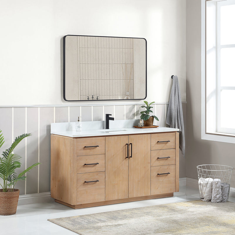 Vinnova 705760-FN-GW San 60" Free-standing Single Bath Vanity in Fir Wood Brown with White Grain Composite Stone Top