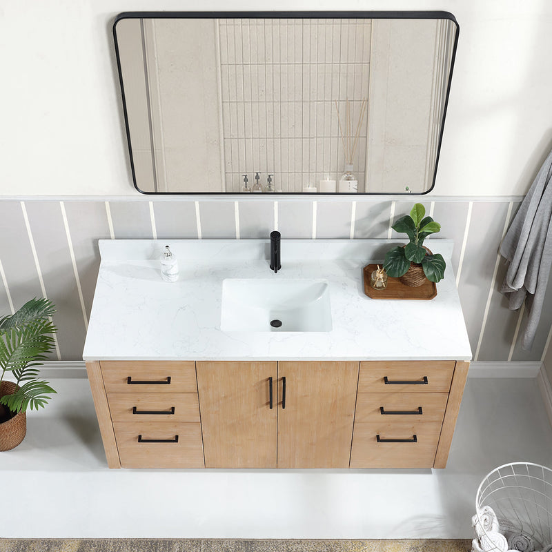 Vinnova 705760-FN-GW San 60" Free-standing Single Bath Vanity in Fir Wood Brown with White Grain Composite Stone Top