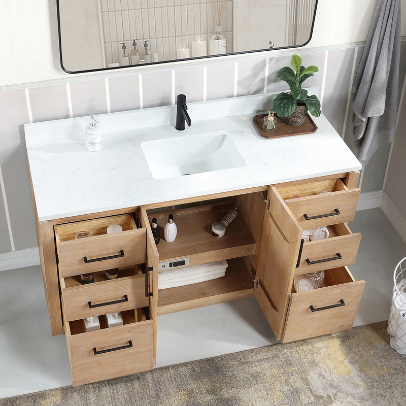 Vinnova 705760-FN-GW San 60" Free-standing Single Bath Vanity in Fir Wood Brown with White Grain Composite Stone Top