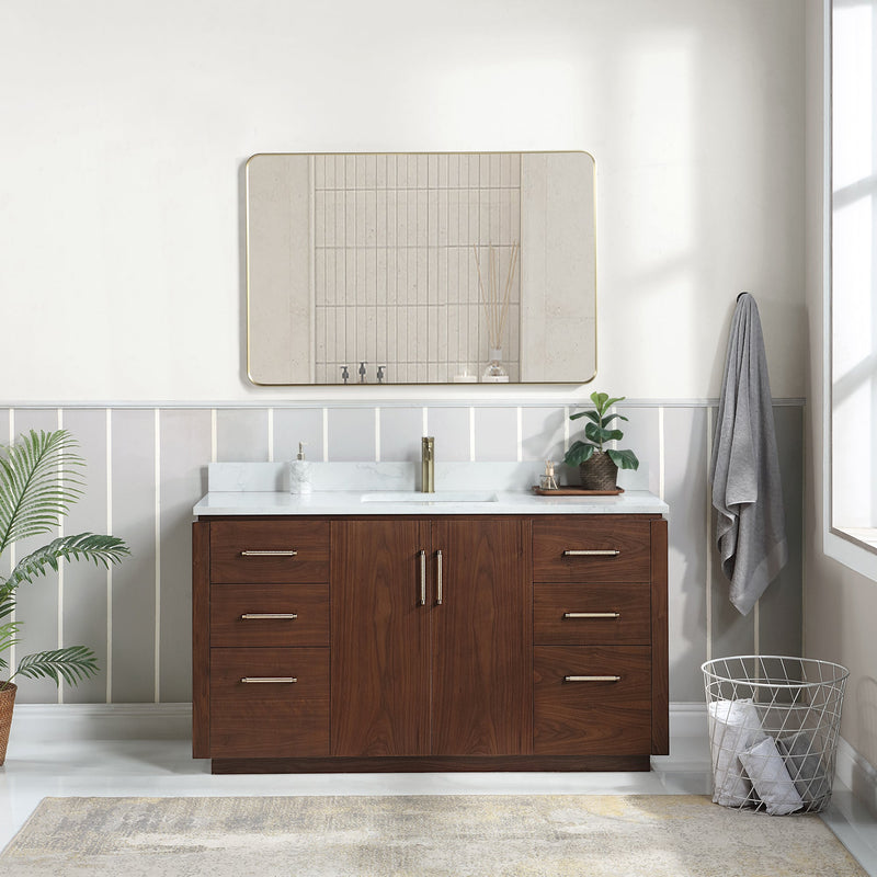 Vinnova 705760-NW-GW San 60" Free-standing Single Bath Vanity in Natural Walnut with White Grain Composite Stone Top