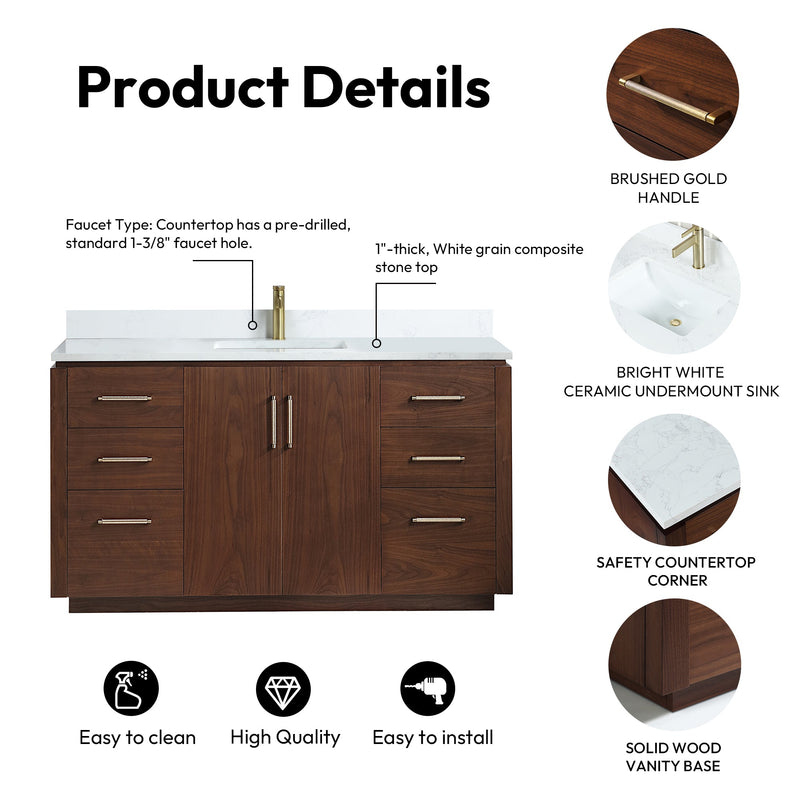 Vinnova 705760-NW-GW San 60" Free-standing Single Bath Vanity in Natural Walnut with White Grain Composite Stone Top