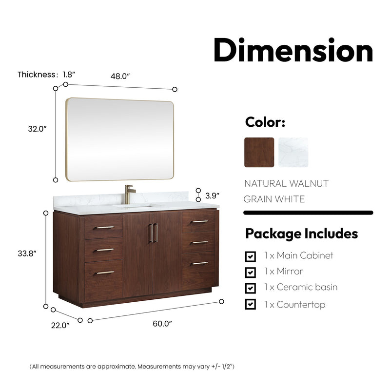 Vinnova 705760-NW-GW San 60" Free-standing Single Bath Vanity in Natural Walnut with White Grain Composite Stone Top
