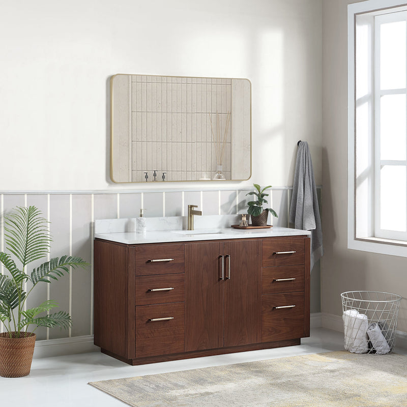 Vinnova 705760-NW-GW San 60" Free-standing Single Bath Vanity in Natural Walnut with White Grain Composite Stone Top