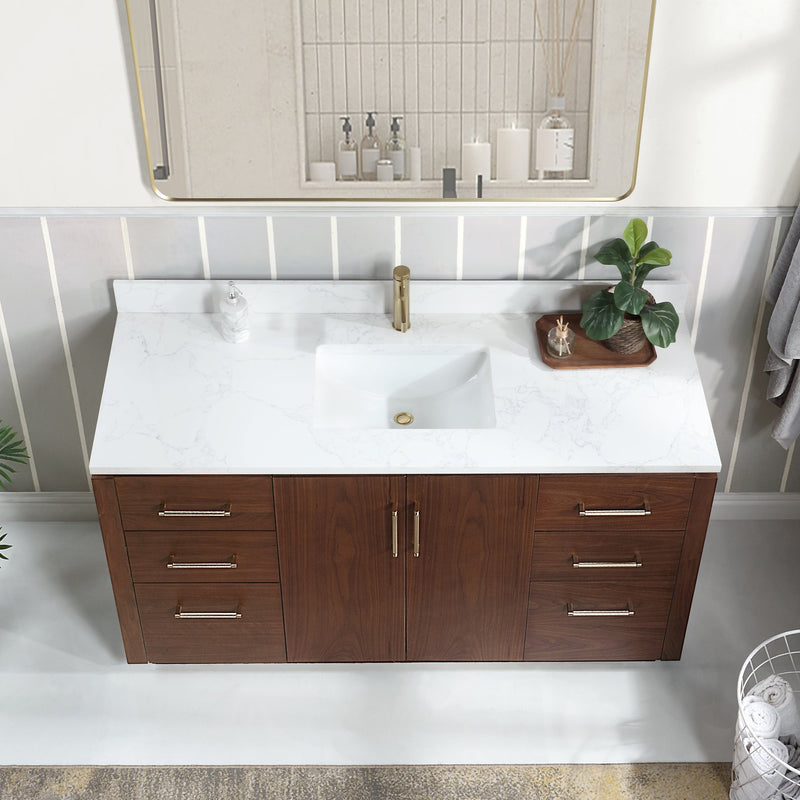 Vinnova 705760-NW-GW San 60" Free-standing Single Bath Vanity in Natural Walnut with White Grain Composite Stone Top