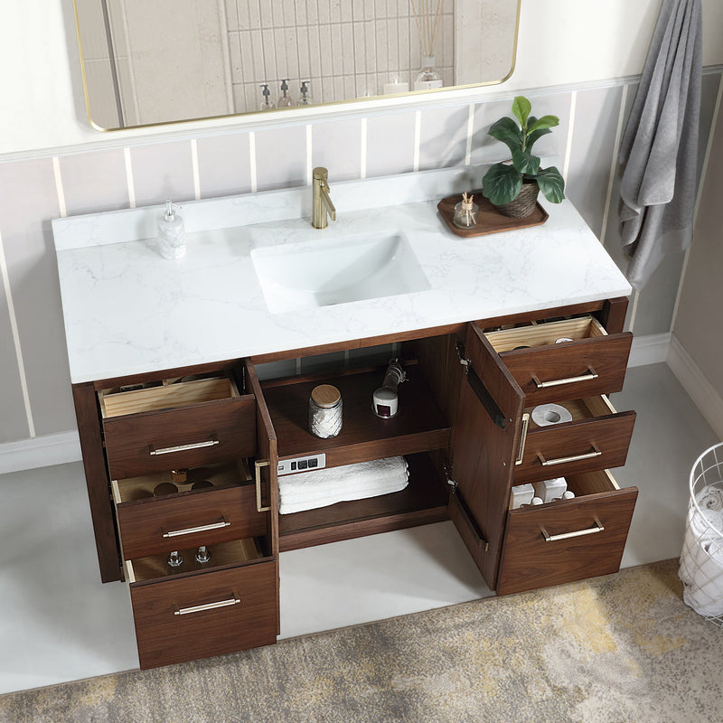 Vinnova 705760-NW-GW San 60" Free-standing Single Bath Vanity in Natural Walnut with White Grain Composite Stone Top