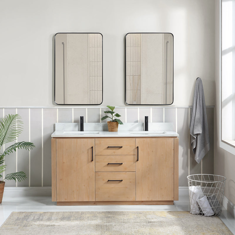 Vinnova 705760M-FN-GW San 60M" Free-standing Double Bath Vanity in Fir Wood Brown with White Grain Composite Stone Top