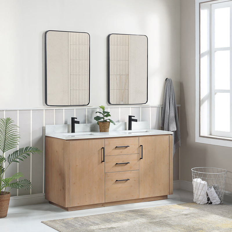 Vinnova 705760M-FN-GW San 60M" Free-standing Double Bath Vanity in Fir Wood Brown with White Grain Composite Stone Top