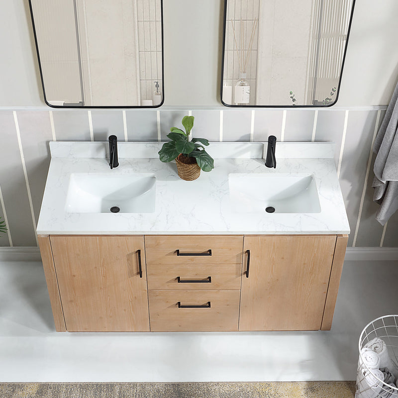 Vinnova 705760M-FN-GW San 60M" Free-standing Double Bath Vanity in Fir Wood Brown with White Grain Composite Stone Top