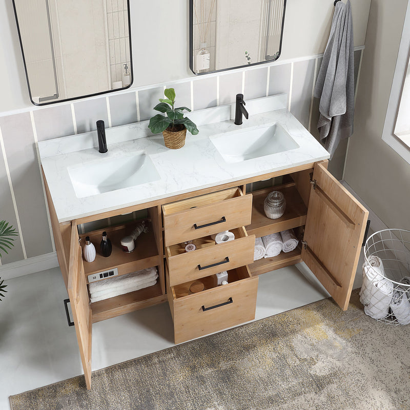 Vinnova 705760M-FN-GW San 60M" Free-standing Double Bath Vanity in Fir Wood Brown with White Grain Composite Stone Top