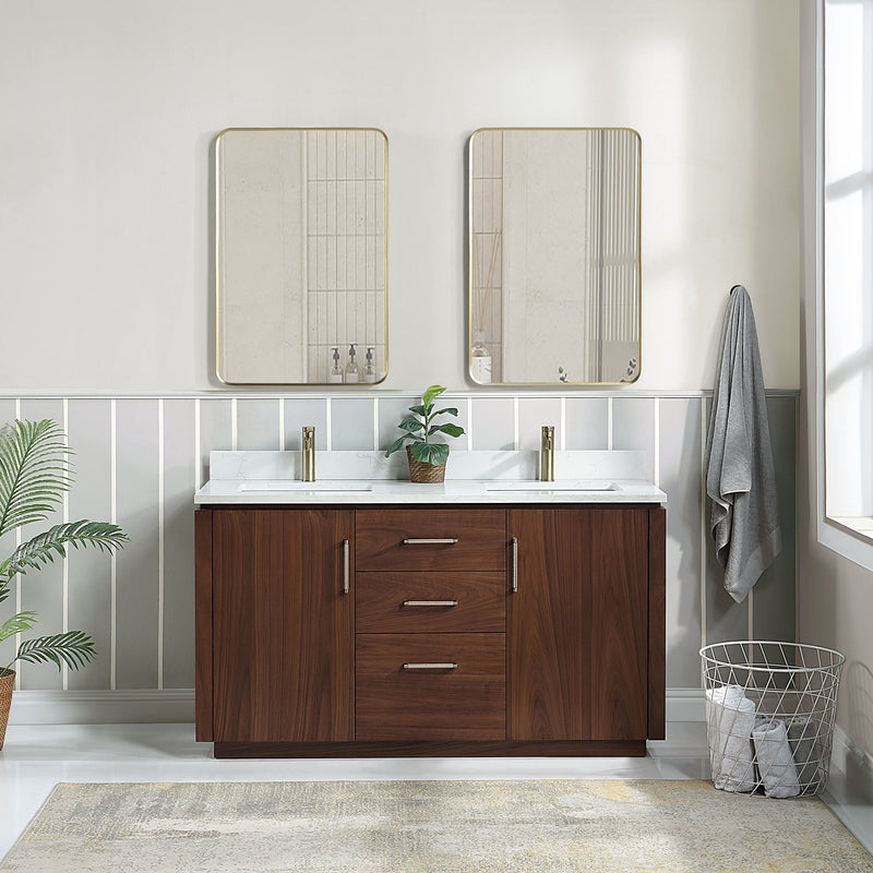 Vinnova 705760M-NW-GW San 60M" Free-standing Double Bath Vanity in Natural Walnut with White Grain Composite Stone Top