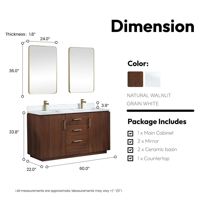 Vinnova 705760M-NW-GW San 60M" Free-standing Double Bath Vanity in Natural Walnut with White Grain Composite Stone Top