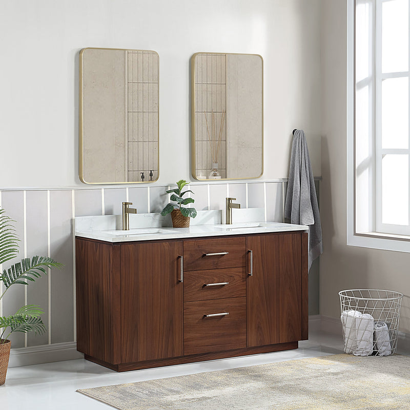 Vinnova 705760M-NW-GW San 60M" Free-standing Double Bath Vanity in Natural Walnut with White Grain Composite Stone Top