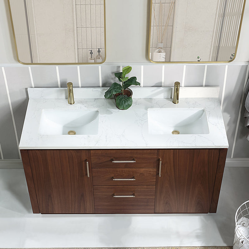 Vinnova 705760M-NW-GW San 60M" Free-standing Double Bath Vanity in Natural Walnut with White Grain Composite Stone Top