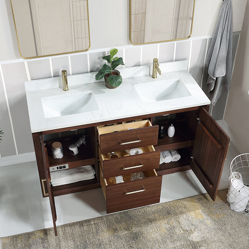 Vinnova 705760M-NW-GW San 60M" Free-standing Double Bath Vanity in Natural Walnut with White Grain Composite Stone Top