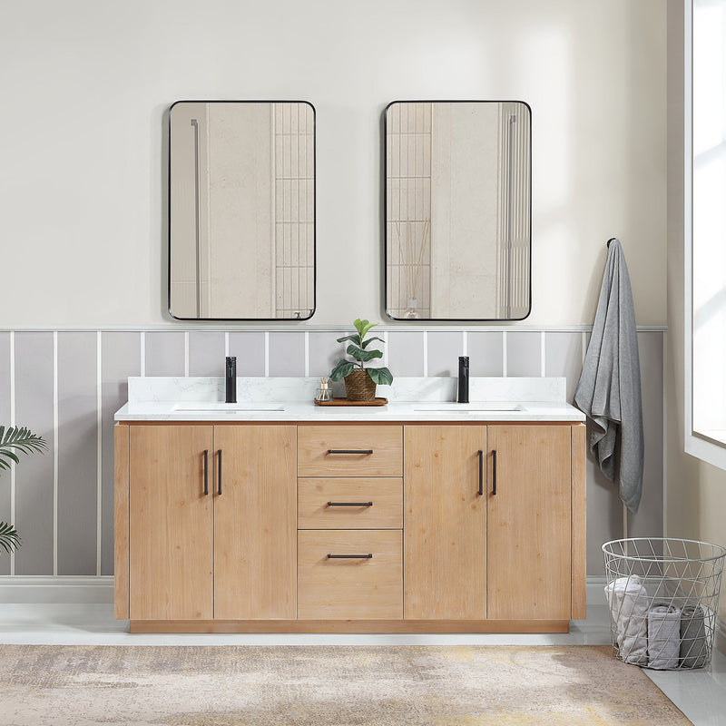 Vinnova 705772-FN-GW San 72" Free-standing Double Bath Vanity in Fir Wood Brown with White Grain Composite Stone Top