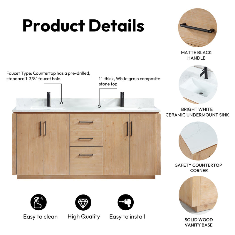 Vinnova 705772-FN-GW San 72" Free-standing Double Bath Vanity in Fir Wood Brown with White Grain Composite Stone Top