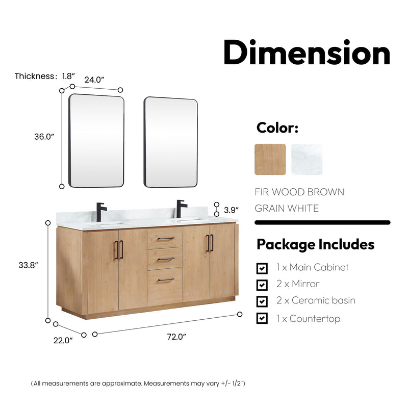 Vinnova 705772-FN-GW San 72" Free-standing Double Bath Vanity in Fir Wood Brown with White Grain Composite Stone Top