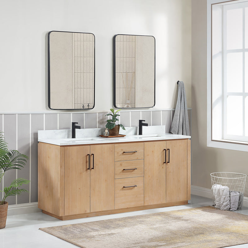 Vinnova 705772-FN-GW San 72" Free-standing Double Bath Vanity in Fir Wood Brown with White Grain Composite Stone Top