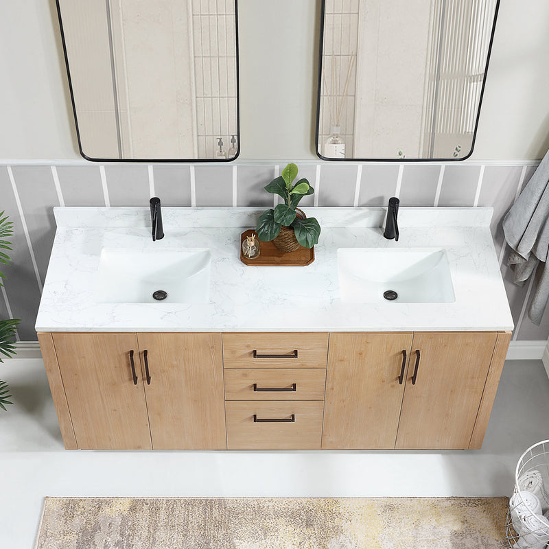 Vinnova 705772-FN-GW San 72" Free-standing Double Bath Vanity in Fir Wood Brown with White Grain Composite Stone Top