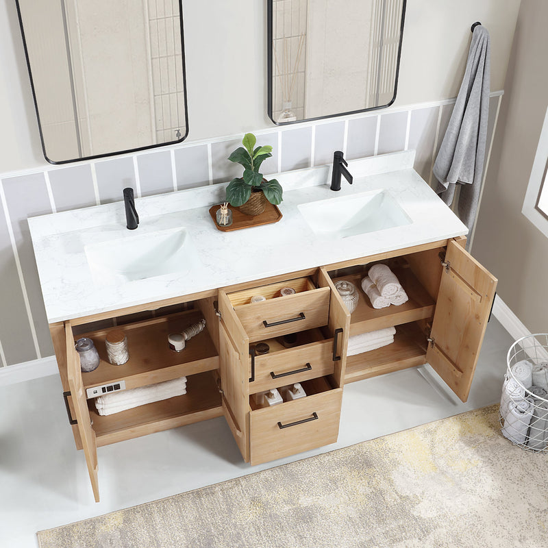 Vinnova 705772-FN-GW San 72" Free-standing Double Bath Vanity in Fir Wood Brown with White Grain Composite Stone Top