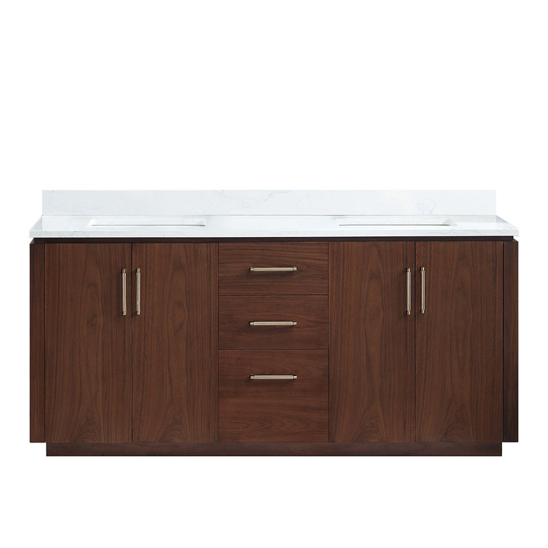 Vinnova 705772-NW-GW San 72" Free-standing Double Bath Vanity in Natural Walnut with White Grain Composite Stone Top