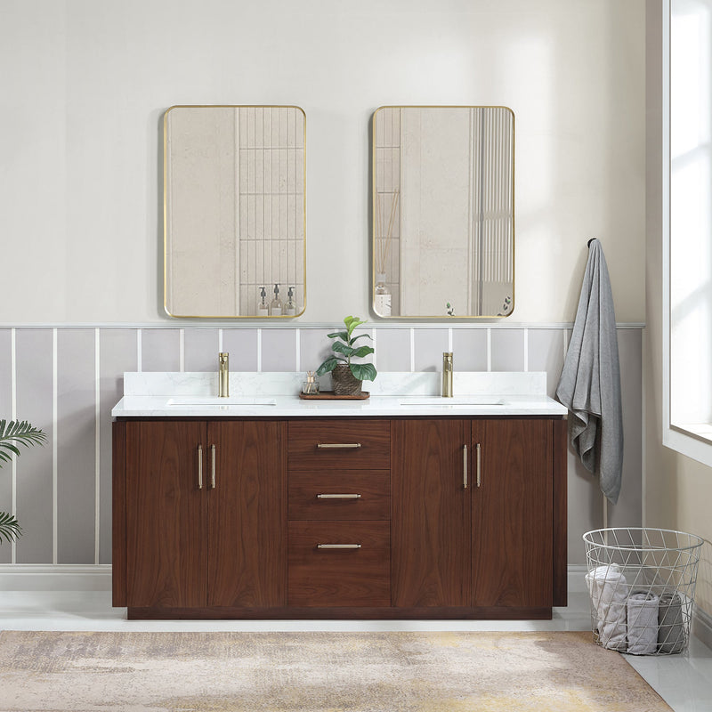 Vinnova 705772-NW-GW San 72" Free-standing Double Bath Vanity in Natural Walnut with White Grain Composite Stone Top