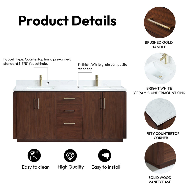 Vinnova 705772-NW-GW San 72" Free-standing Double Bath Vanity in Natural Walnut with White Grain Composite Stone Top