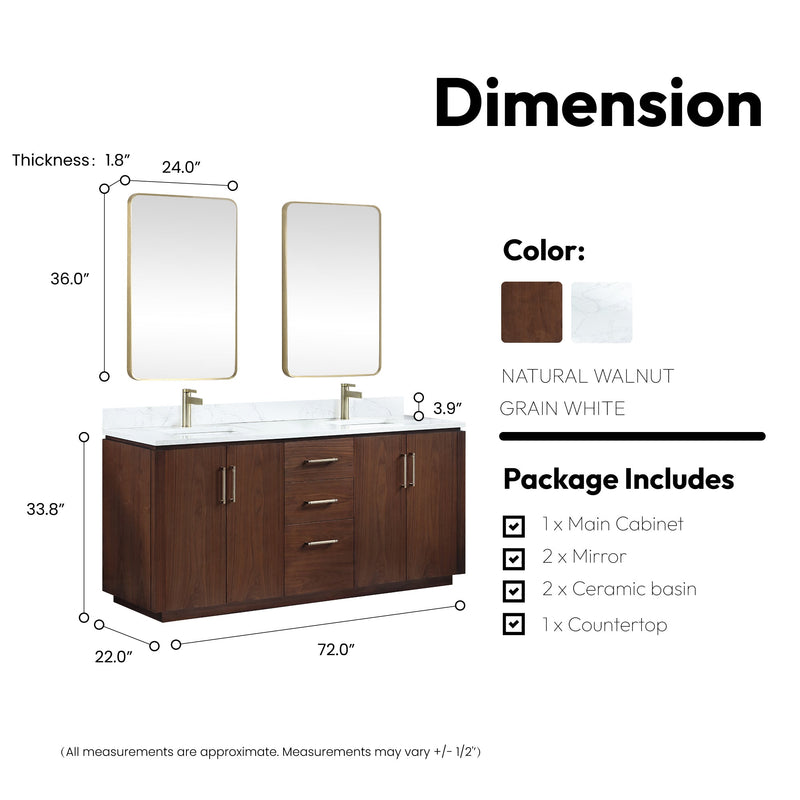 Vinnova 705772-NW-GW San 72" Free-standing Double Bath Vanity in Natural Walnut with White Grain Composite Stone Top