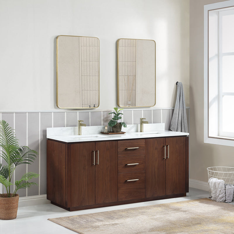 Vinnova 705772-NW-GW San 72" Free-standing Double Bath Vanity in Natural Walnut with White Grain Composite Stone Top