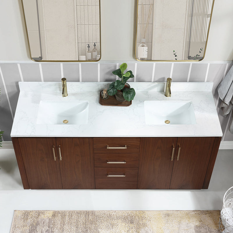 Vinnova 705772-NW-GW San 72" Free-standing Double Bath Vanity in Natural Walnut with White Grain Composite Stone Top
