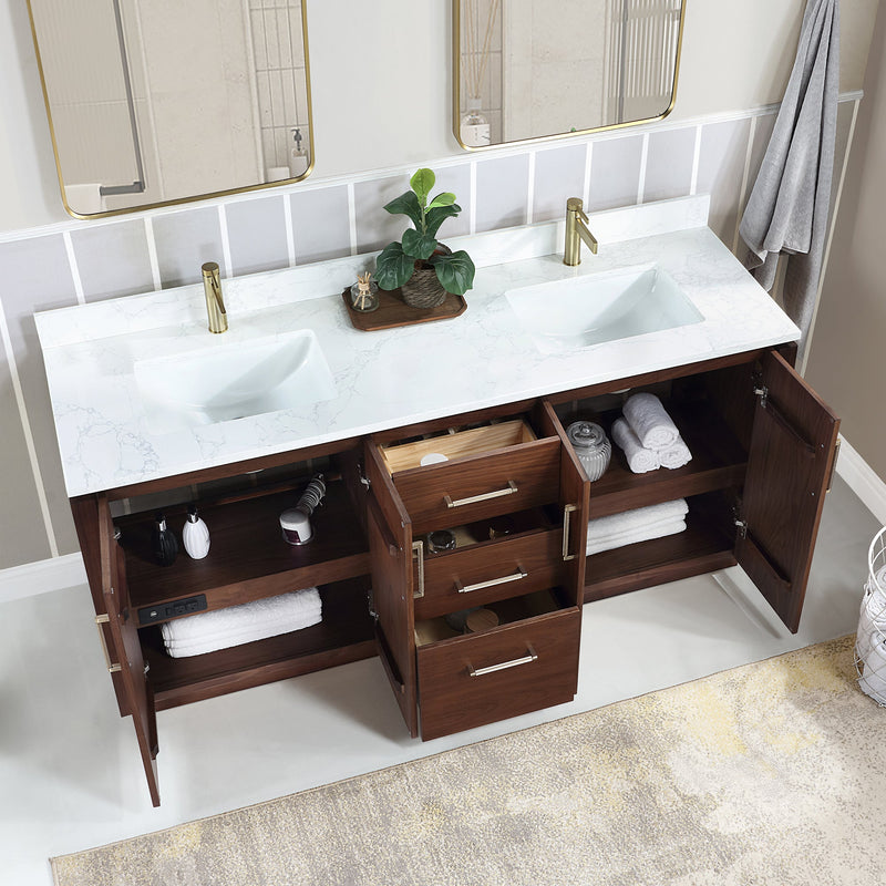 Vinnova 705772-NW-GW San 72" Free-standing Double Bath Vanity in Natural Walnut with White Grain Composite Stone Top