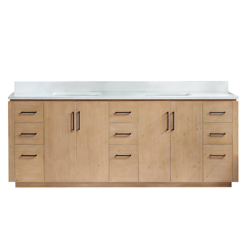 Vinnova 705784-FN-GW San 84" Free-standing Double Bath Vanity in Fir Wood Brown with White Grain Composite Stone Top