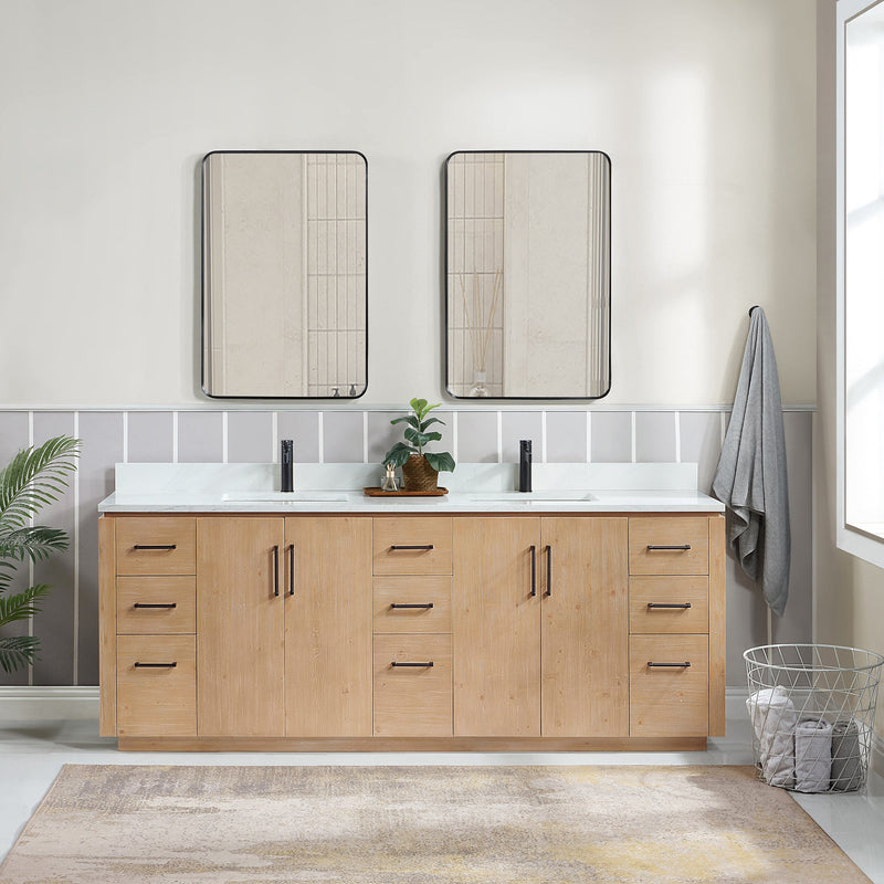 Vinnova 705784-FN-GW San 84" Free-standing Double Bath Vanity in Fir Wood Brown with White Grain Composite Stone Top