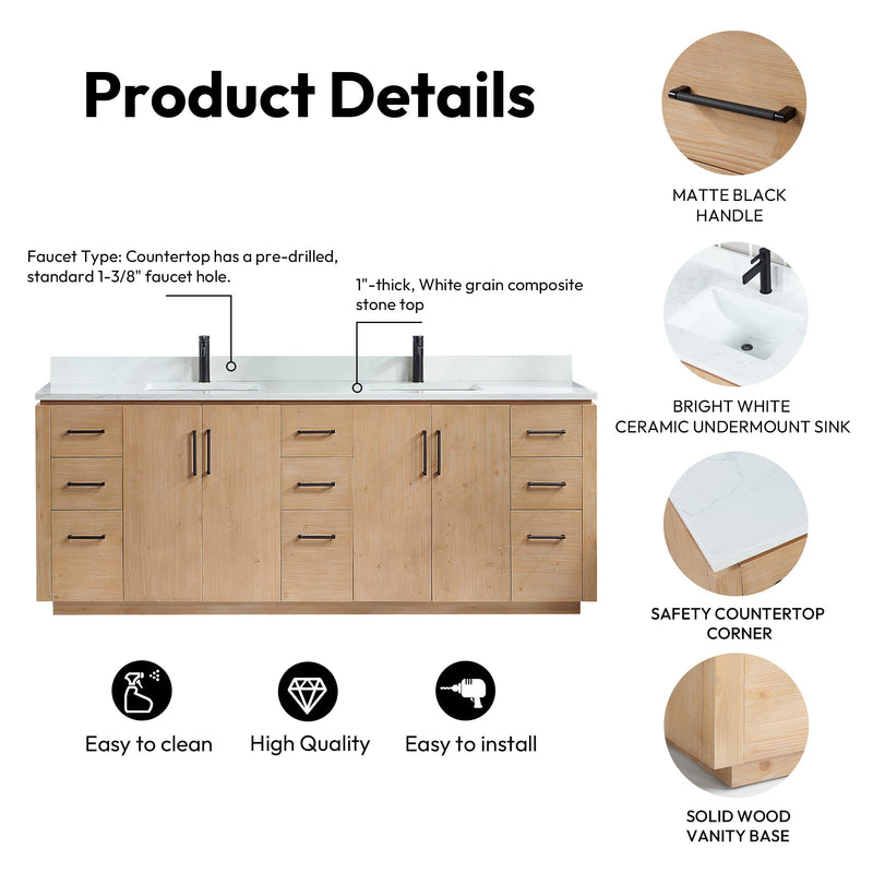 Vinnova 705784-FN-GW San 84" Free-standing Double Bath Vanity in Fir Wood Brown with White Grain Composite Stone Top