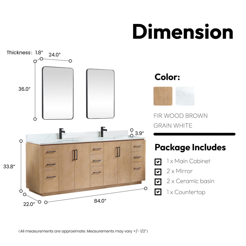 Vinnova 705784-FN-GW San 84" Free-standing Double Bath Vanity in Fir Wood Brown with White Grain Composite Stone Top