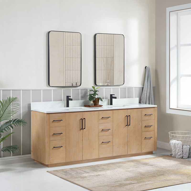 Vinnova 705784-FN-GW San 84" Free-standing Double Bath Vanity in Fir Wood Brown with White Grain Composite Stone Top