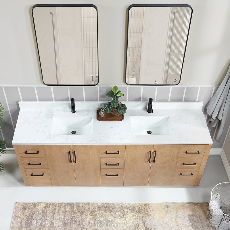 Vinnova 705784-FN-GW San 84" Free-standing Double Bath Vanity in Fir Wood Brown with White Grain Composite Stone Top
