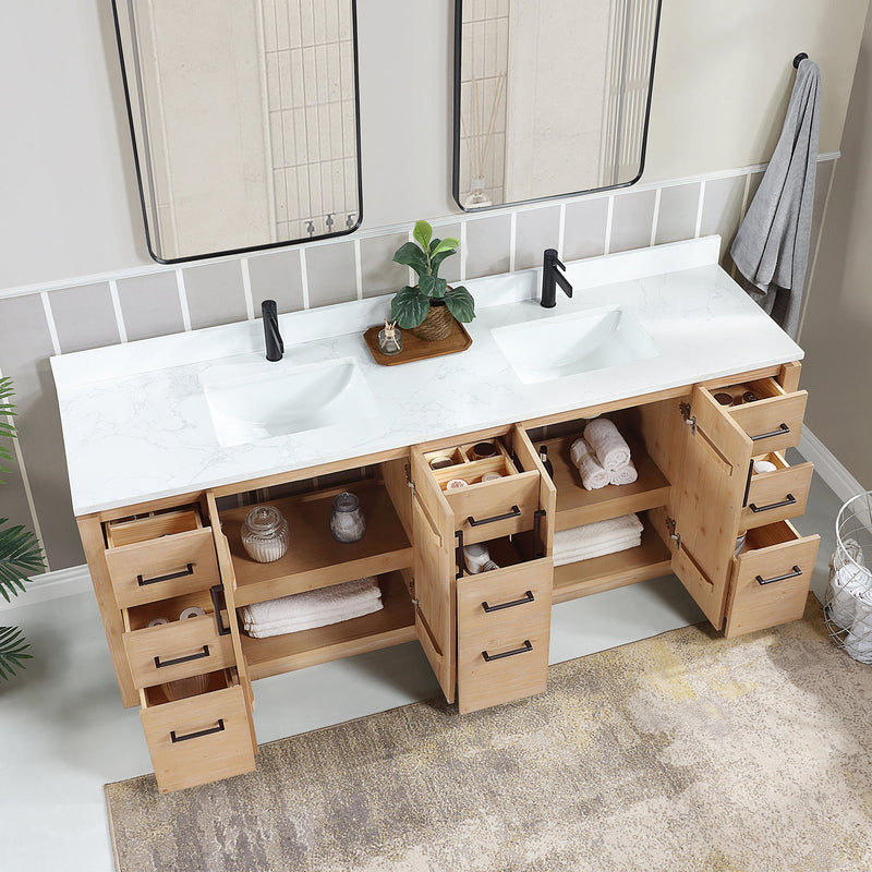 Vinnova 705784-FN-GW San 84" Free-standing Double Bath Vanity in Fir Wood Brown with White Grain Composite Stone Top
