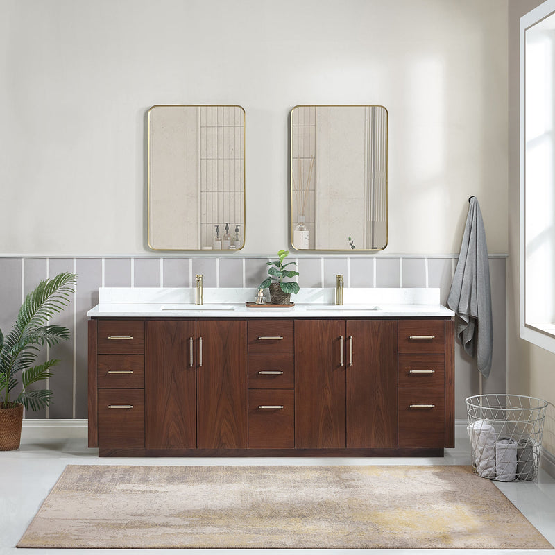 Vinnova 705784-NW-GW San 84" Free-standing Double Bath Vanity in Natural Walnut with White Grain Composite Stone Top