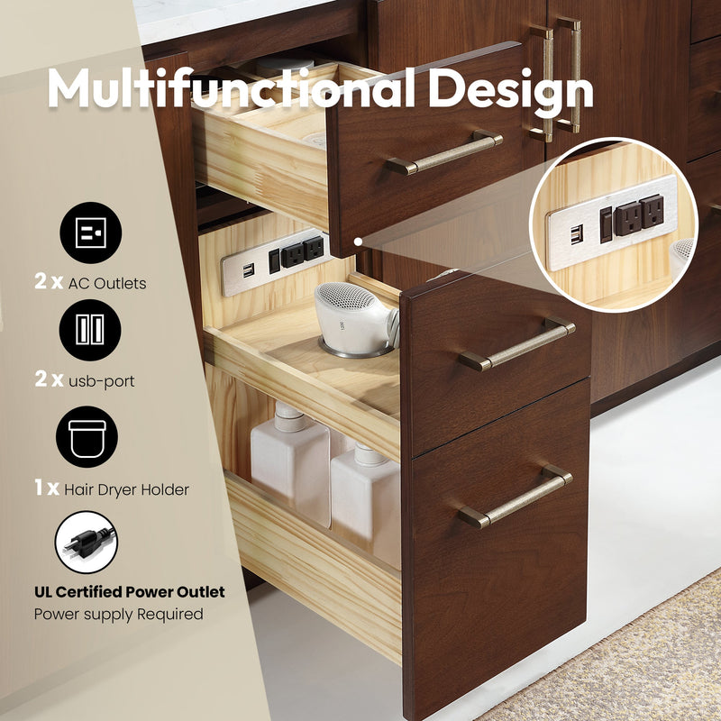 Vinnova 705784-NW-GW San 84" Free-standing Double Bath Vanity in Natural Walnut with White Grain Composite Stone Top