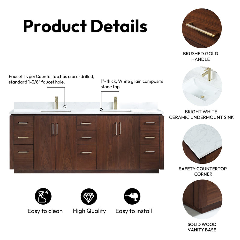 Vinnova 705784-NW-GW San 84" Free-standing Double Bath Vanity in Natural Walnut with White Grain Composite Stone Top