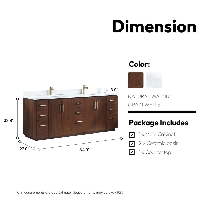 Vinnova 705784-NW-GW San 84" Free-standing Double Bath Vanity in Natural Walnut with White Grain Composite Stone Top