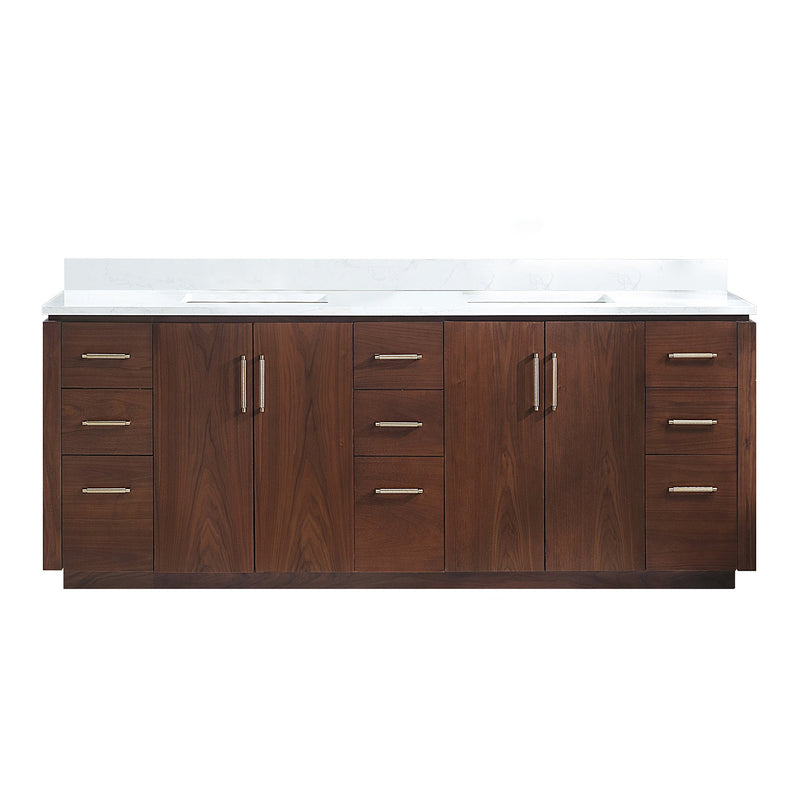 Vinnova 705784-NW-GW San 84" Free-standing Double Bath Vanity in Natural Walnut with White Grain Composite Stone Top