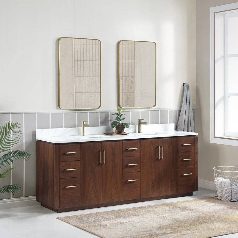Vinnova 705784-NW-GW San 84" Free-standing Double Bath Vanity in Natural Walnut with White Grain Composite Stone Top