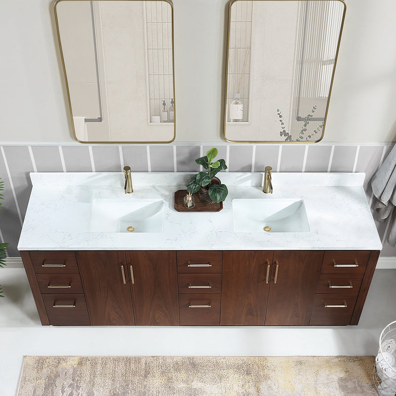 Vinnova 705784-NW-GW San 84" Free-standing Double Bath Vanity in Natural Walnut with White Grain Composite Stone Top