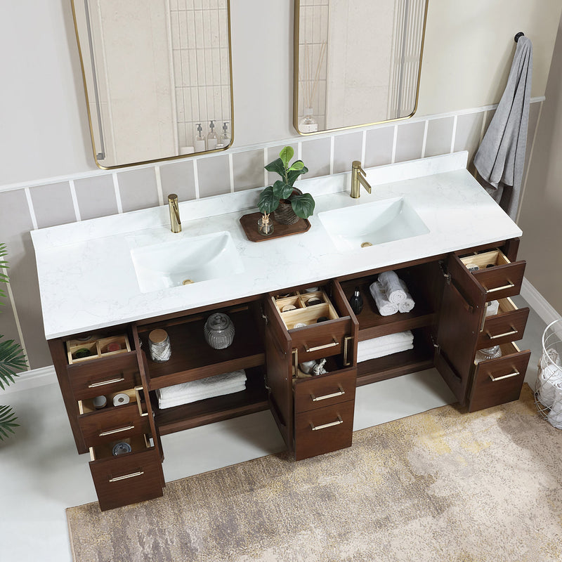 Vinnova 705784-NW-GW San 84" Free-standing Double Bath Vanity in Natural Walnut with White Grain Composite Stone Top