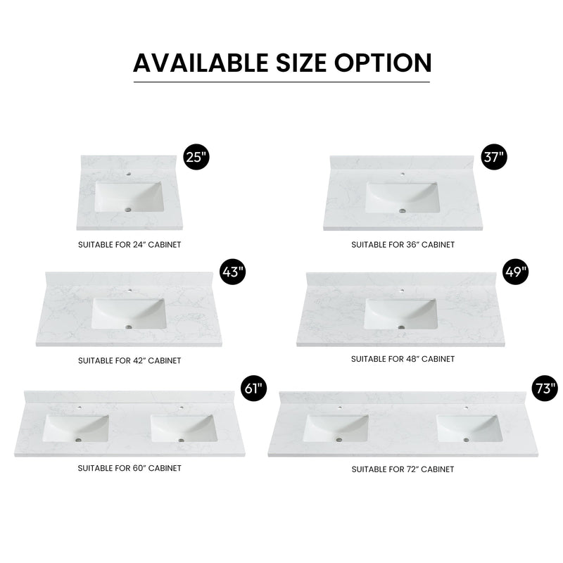 Vinnova 706125-CTP-GW Malaga 25" W x 22" D Composite Stone Vanity Top in Grain White with White Rectangular Single Sink